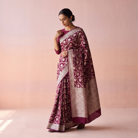 Maroon Handwoven Zari Jaal Work Mulberry x Muga Silk Heavy Banarasi Saree, draped and worn by a woman, AI visual of the saree, iTokri