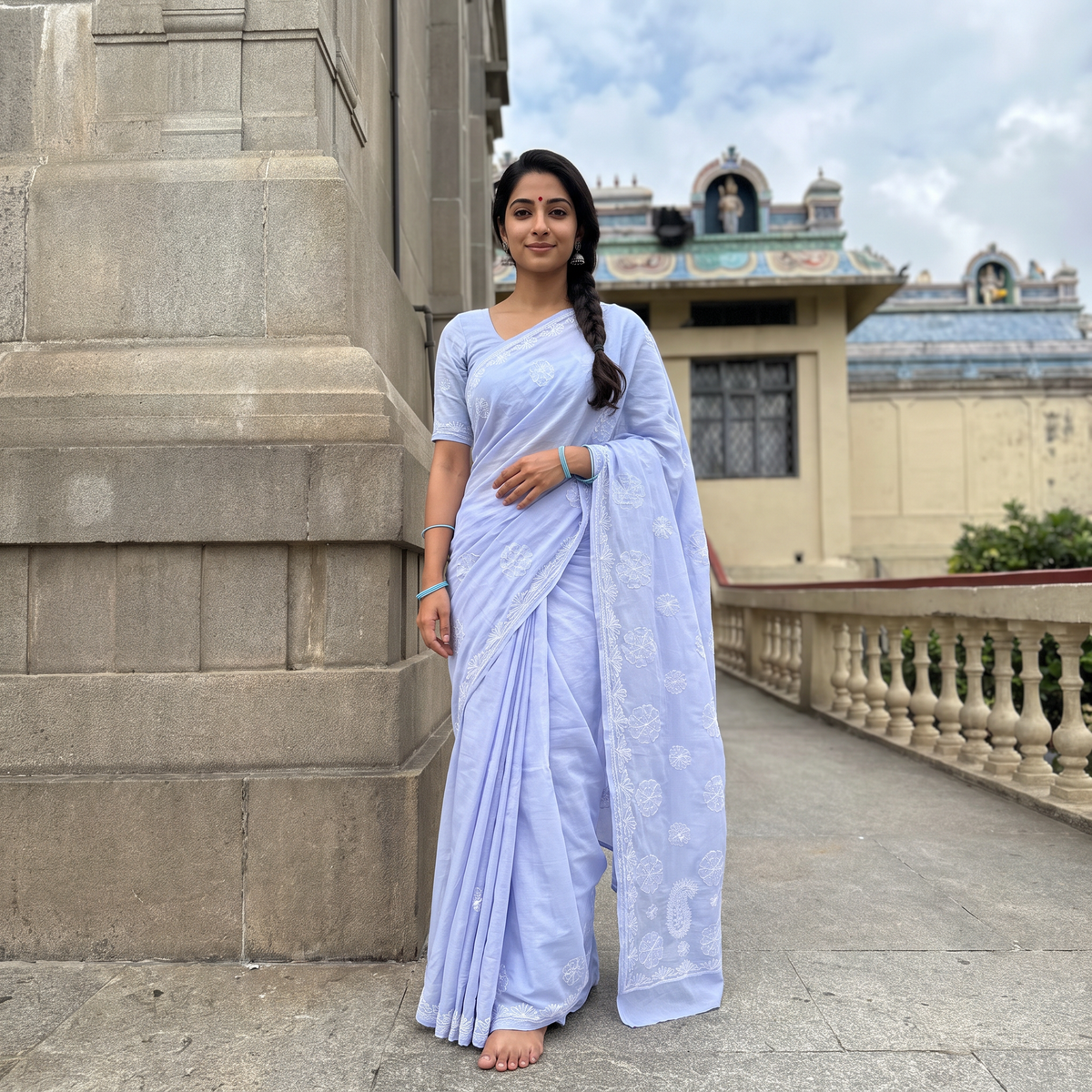 Purple Heavy Hand Embroidered Terivoile Cotton Lucknow Chikan Saree, draped and worn by a woman, AI visual of the saree, iTokri