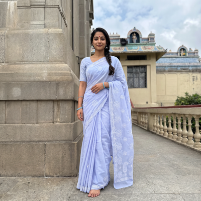 Purple Heavy Hand Embroidered Terivoile Cotton Lucknow Chikan Saree, draped and worn by a woman, AI visual of the saree, iTokri