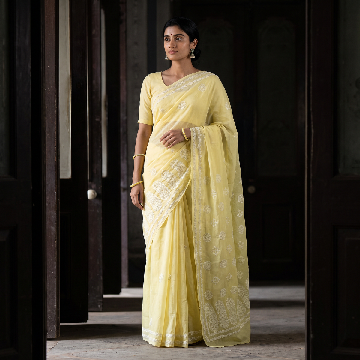 Yellow Heavy Hand Embroidered Terivoile Cotton Lucknow Chikan Saree, draped and worn by a woman, AI visual of the saree, iTokri