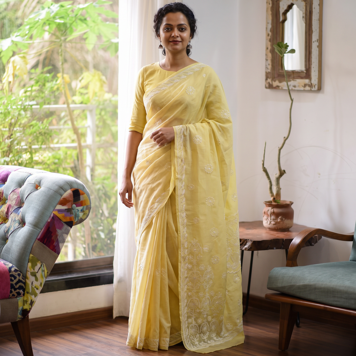 Yellow Heavy Hand Embroidered Terivoile Cotton Lucknow Chikan Saree, draped and worn by a woman, AI visual of the saree, iTokri