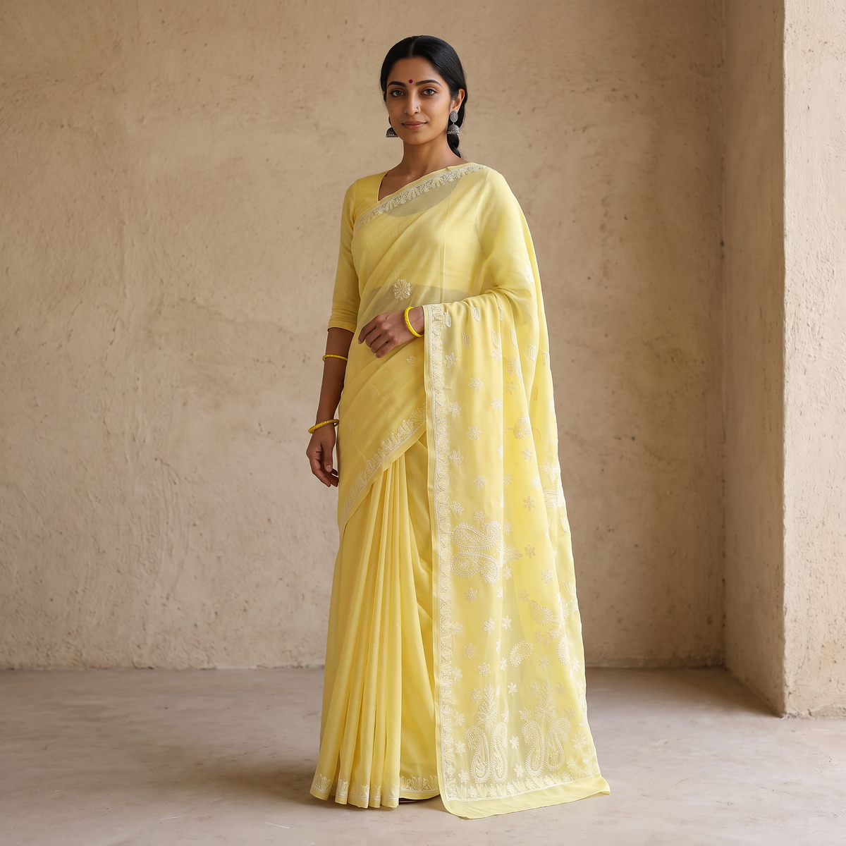 Yellow Heavy Hand Embroidered Terivoile Cotton Lucknow Chikan Saree, draped and worn by a woman, AI visual of the saree, iTokri
