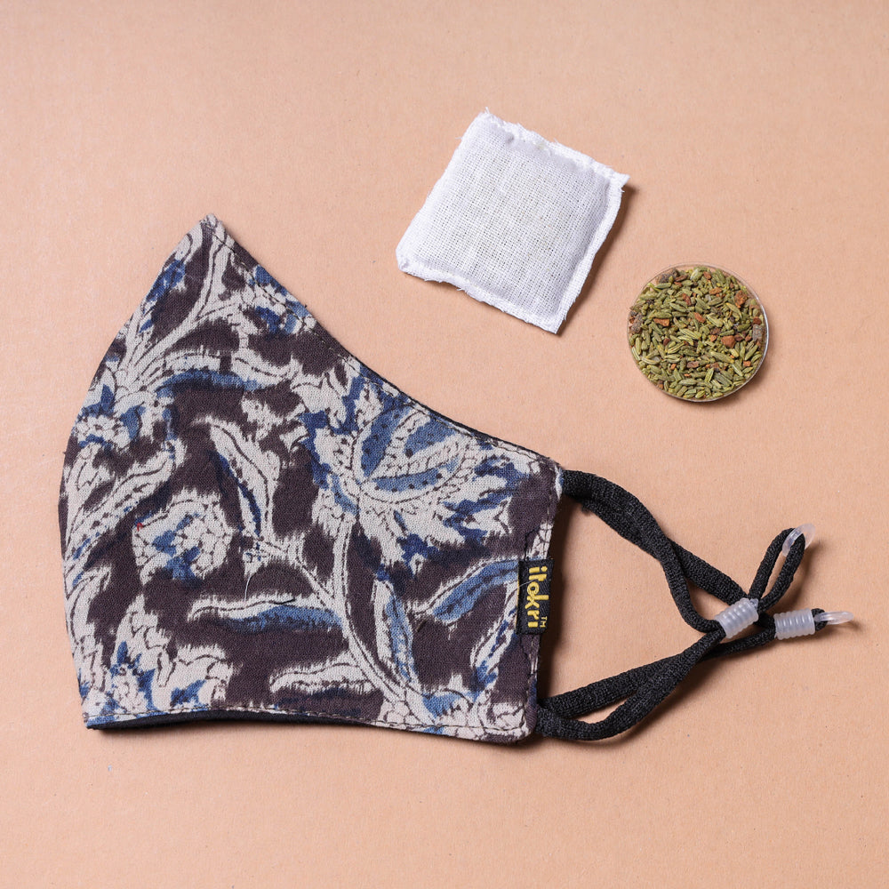  Herb Pocket kalamkari Block Printed Cotton 3 Layer Snug Fit Face Cover 