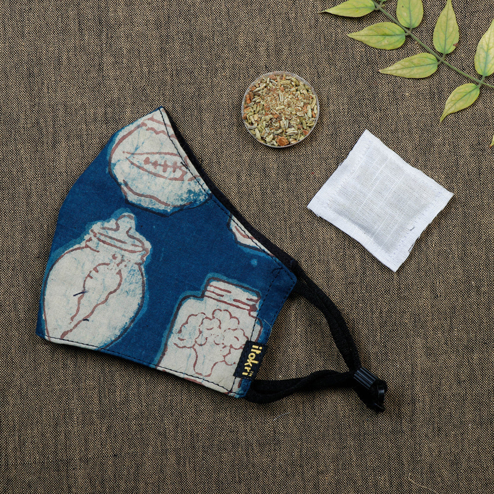  Herb Pocket Natural Dyed Block Printed Cotton 3 Layer Snug Fit Face Cover 
