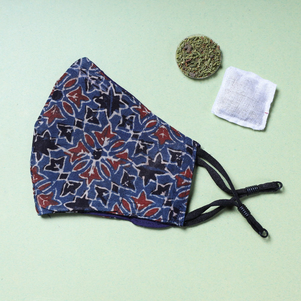  Herb Pocket Ajrakh Block Printed Cotton 3 Layer Snug Fit Face Cover 