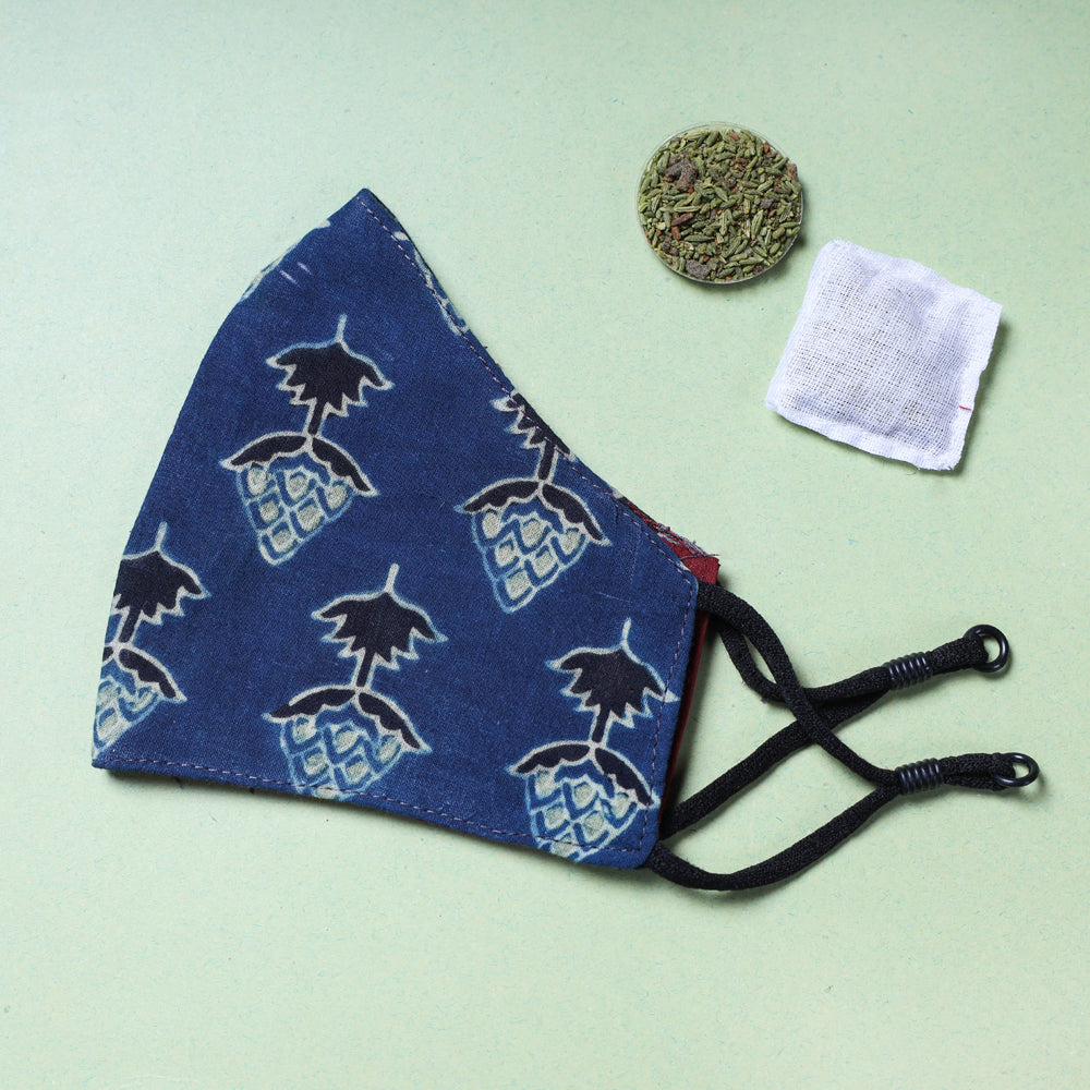  Herb Pocket Ajrakh Block Printed Cotton 3 Layer Snug Fit Face Cover 