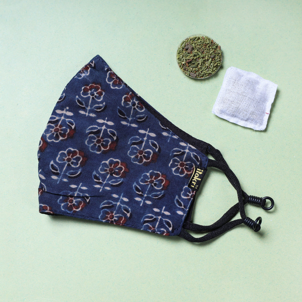 Herb Pocket Ajrakh Block Printed Cotton 3 Layer Snug Fit Face Cover 