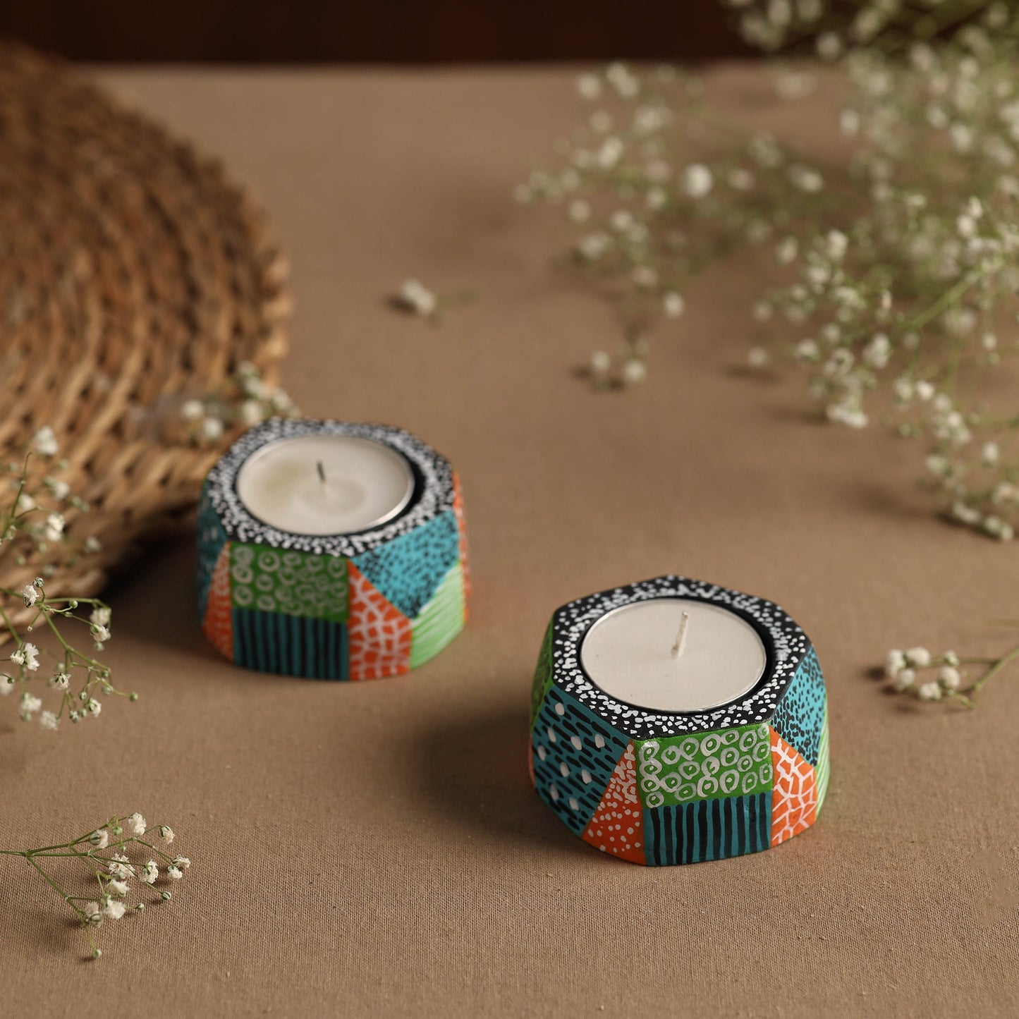  Flower - Handpainted Clay Candle Holders (Set of 2) Online in India l iTokri.com 
