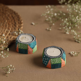  Flower - Handpainted Clay Candle Holders (Set of 2) Online in India l iTokri.com 