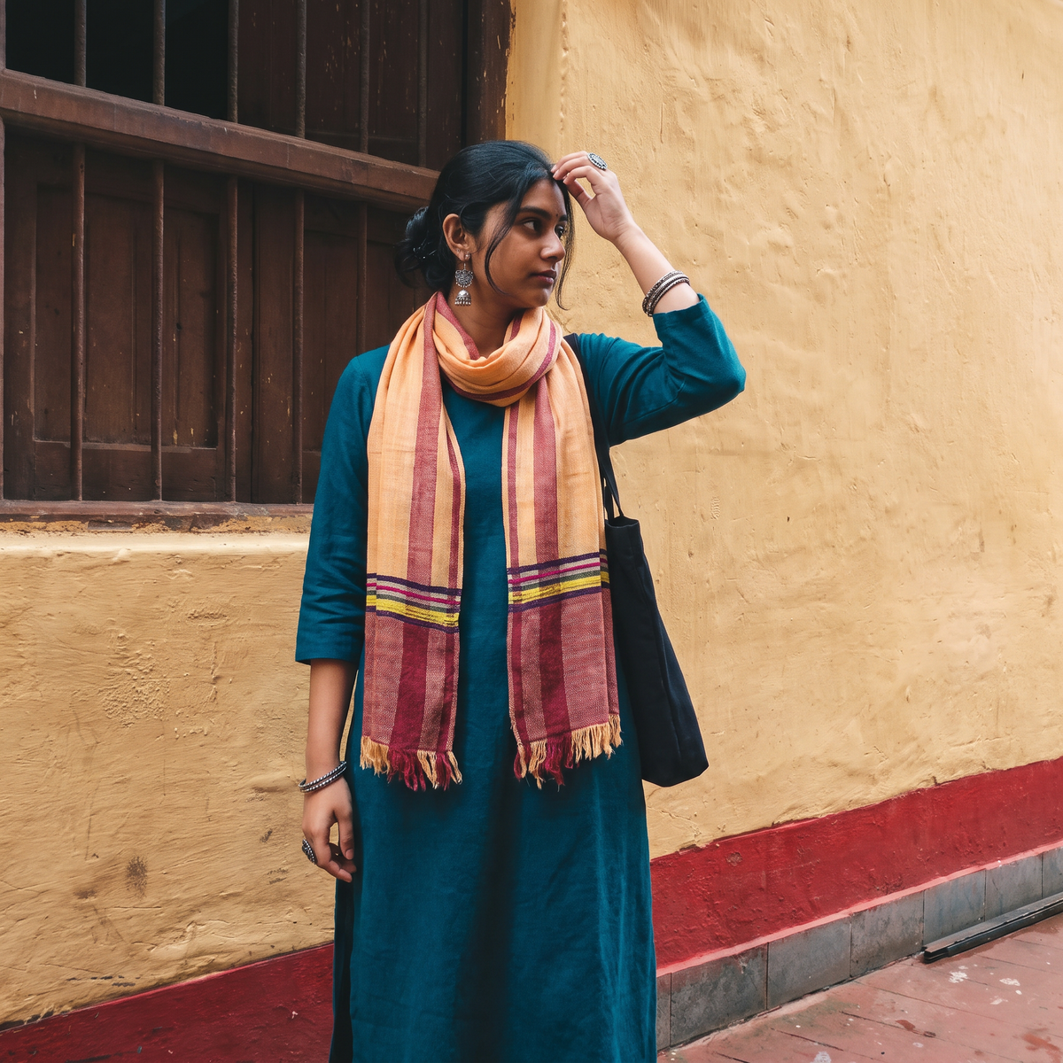 Peach Himalayan Handspun Handwoven Pure Pashmina Wool Stole, worn by a woman, AI visual of the stole, iTokri