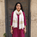 White Himalayan Handspun Handwoven Pure Pashmina Wool Stole, worn by a woman, AI visual of the stole, iTokri