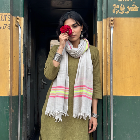 Grey Himalayan Handspun Handwoven Pure Pashmina Wool Stole, worn by a woman, AI visual of the stole, iTokri