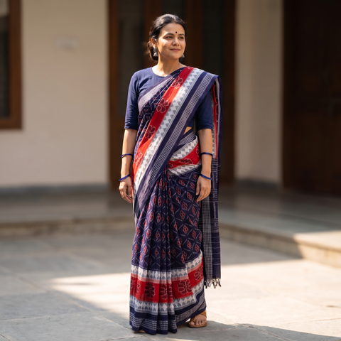 Multicolor Ikat Handloom Cotton Sambalpuri Saree, draped and worn by a woman, AI visual of the saree, iTokri