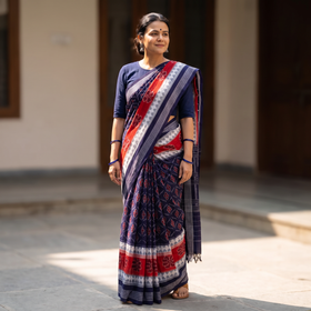 Multicolor Ikat Handloom Cotton Sambalpuri Saree, draped and worn by a woman, AI visual of the saree, iTokri