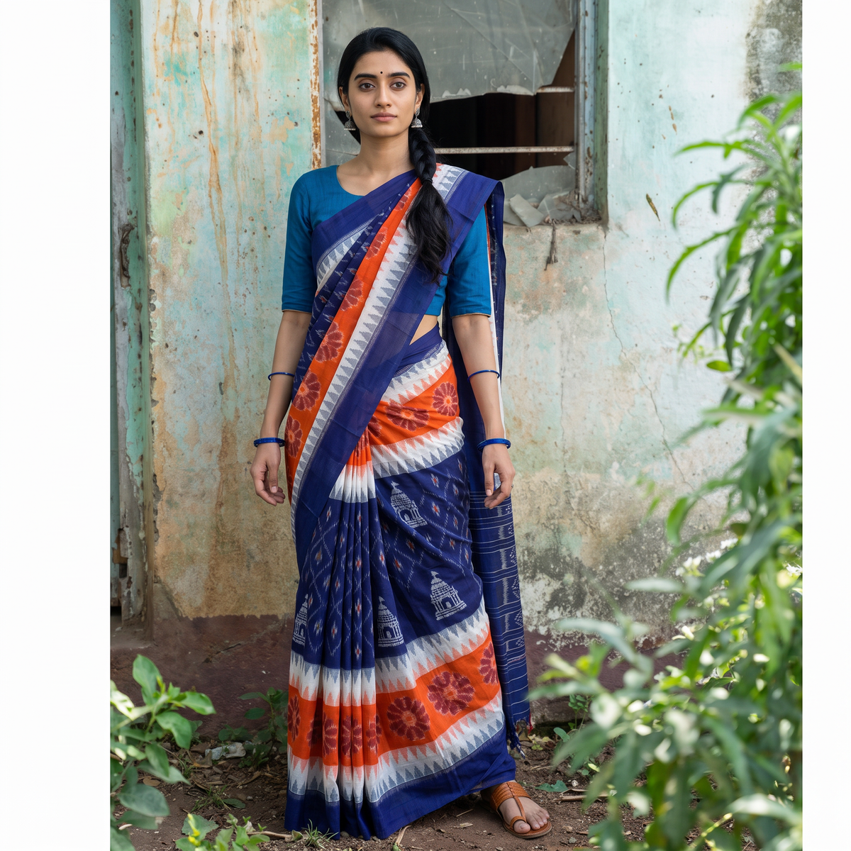 Multicolor Ikat Handloom Cotton Sambalpuri Saree, draped and worn by a woman, AI visual of the saree, iTokri