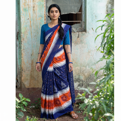 Multicolor Ikat Handloom Cotton Sambalpuri Saree, draped and worn by a woman, AI visual of the saree, iTokri