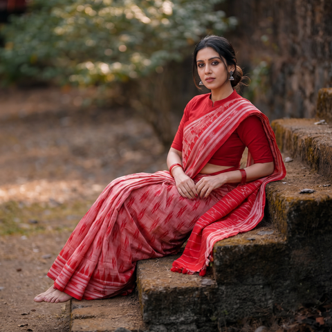 Red Ikat Handloom Cotton Sambalpuri Saree, draped and worn by a woman, AI visual of the saree, iTokri
