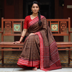 Brown Ikat Handloom Cotton Sambalpuri Saree, draped and worn by a woman, AI visual of the saree, iTokri