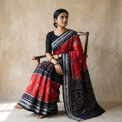 Red Ikat Handloom Cotton Sambalpuri Saree, draped and worn by a woman, AI visual of the saree, iTokri
