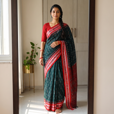 Green Ikat Handloom Cotton Sambalpuri Saree, draped and worn by a woman, AI visual of the saree, iTokri