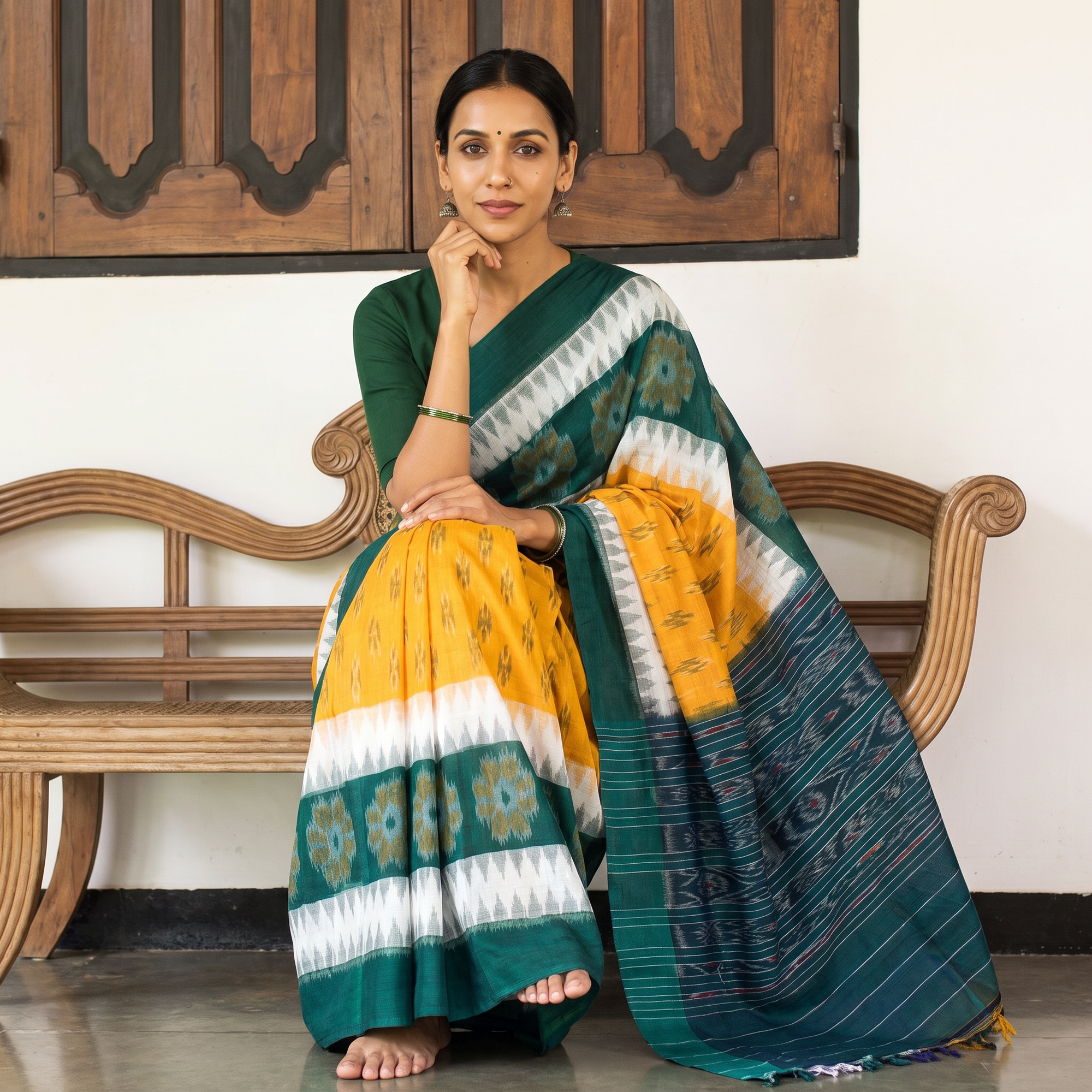 Multicolor Ikat Handloom Cotton Sambalpuri Saree, draped and worn by a woman, AI visual of the saree, iTokri