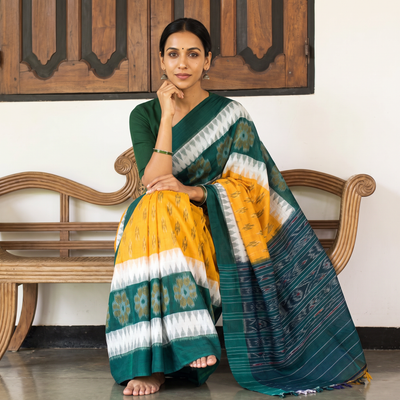Multicolor Ikat Handloom Cotton Sambalpuri Saree, draped and worn by a woman, AI visual of the saree, iTokri