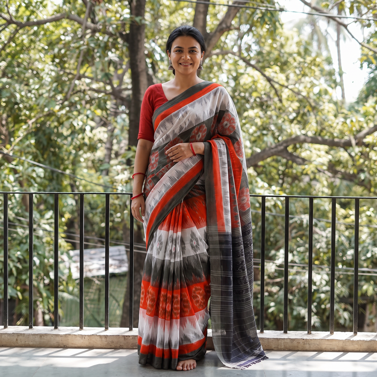 Multicolor Ikat Handloom Cotton Sambalpuri Saree, draped and worn by a woman, AI visual of the saree, iTokri