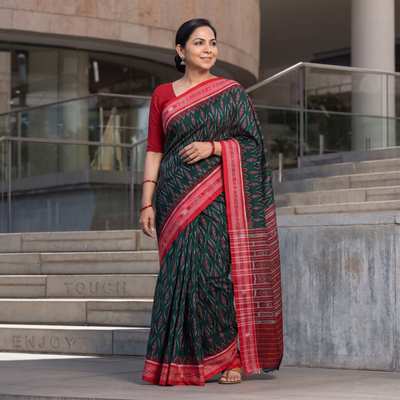 Green Ikat Handloom Cotton Sambalpuri Saree, draped and worn by a woman, AI visual of the saree, iTokri