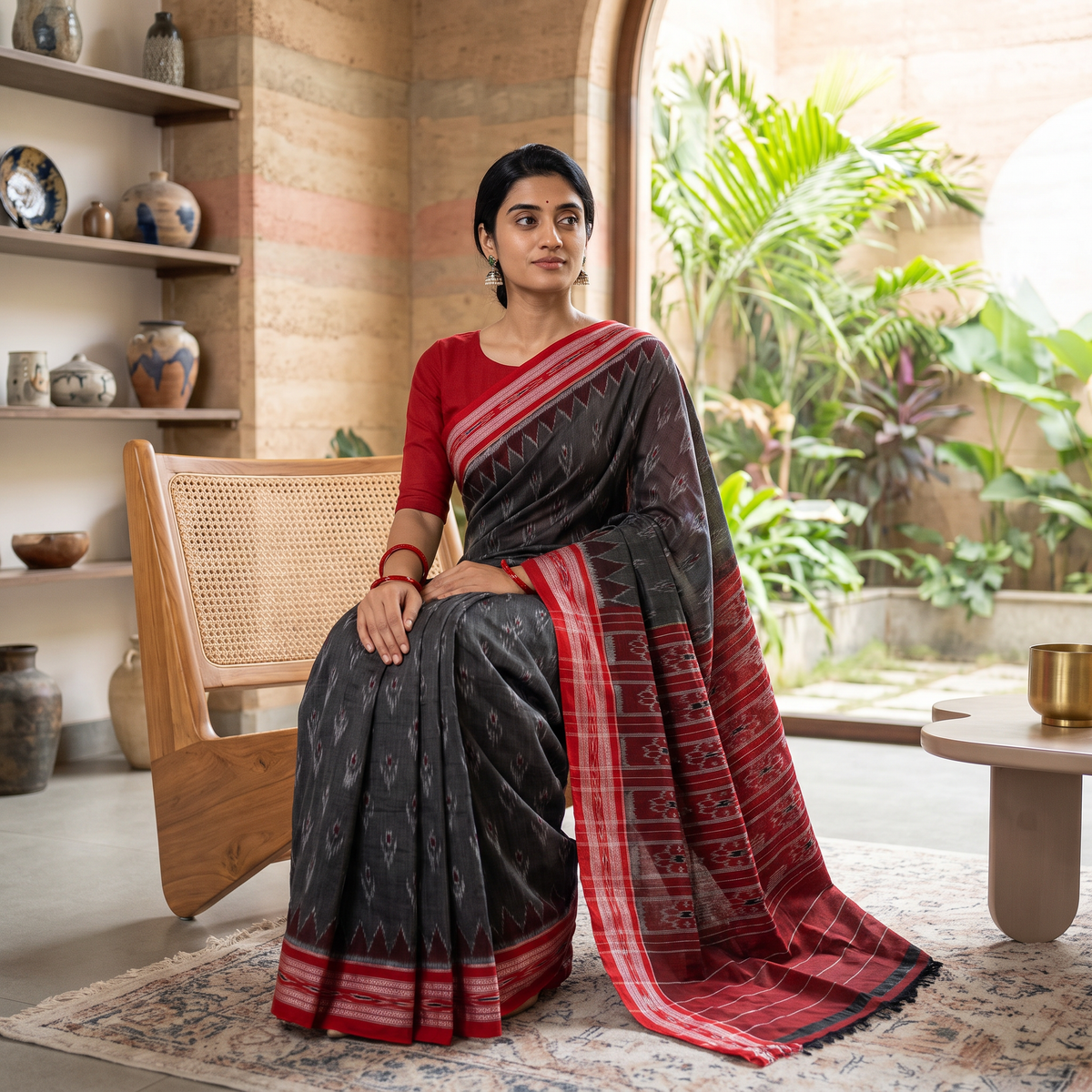 Black Ikat Handloom Cotton Sambalpuri Saree, draped and worn by a woman, AI visual of the saree, iTokri
