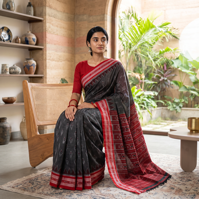 Black Ikat Handloom Cotton Sambalpuri Saree, draped and worn by a woman, AI visual of the saree, iTokri