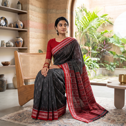 Black Ikat Handloom Cotton Sambalpuri Saree, draped and worn by a woman, AI visual of the saree, iTokri