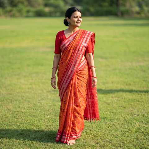 Orange Ikat Handloom Cotton Sambalpuri Saree, draped and worn by a woman, AI visual of the saree, iTokri