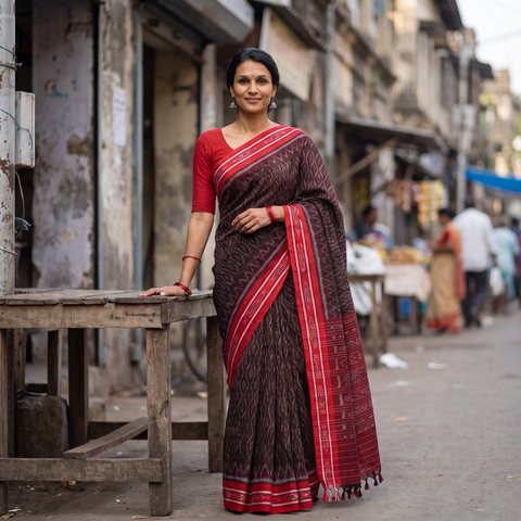 Brown Ikat Handloom Cotton Sambalpuri Saree, draped and worn by a woman, AI visual of the saree, iTokri