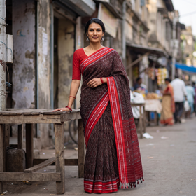 Brown Ikat Handloom Cotton Sambalpuri Saree, draped and worn by a woman, AI visual of the saree, iTokri