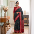 Green Ikat Handloom Cotton Sambalpuri Saree, draped and worn by a woman, AI visual of the saree, iTokri