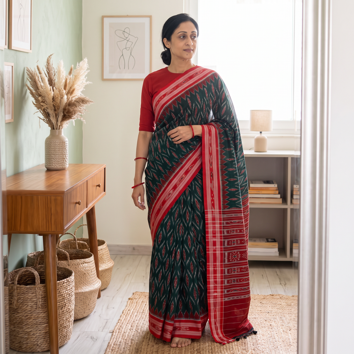 Green Ikat Handloom Cotton Sambalpuri Saree, draped and worn by a woman, AI visual of the saree, iTokri