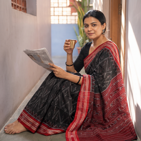 Grey Ikat Handloom Cotton Sambalpuri Saree, draped and worn by a woman, AI visual of the saree, iTokri