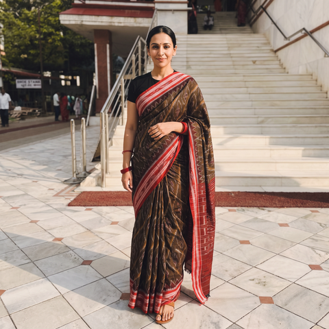 Green Ikat Handloom Cotton Sambalpuri Saree, draped and worn by a woman, AI visual of the saree, iTokri