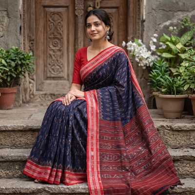 Blue Ikat Handloom Cotton Sambalpuri Saree, draped and worn by a woman, AI visual of the saree, iTokri