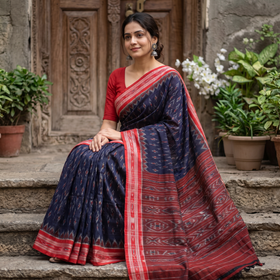 Blue Ikat Handloom Cotton Sambalpuri Saree, draped and worn by a woman, AI visual of the saree, iTokri