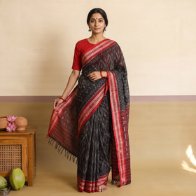 Grey Ikat Handloom Cotton Sambalpuri Saree, draped and worn by a woman, AI visual of the saree, iTokri