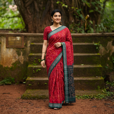 Red Ikat Handloom Cotton Sambalpuri Saree, draped and worn by a woman, AI visual of the saree, iTokri