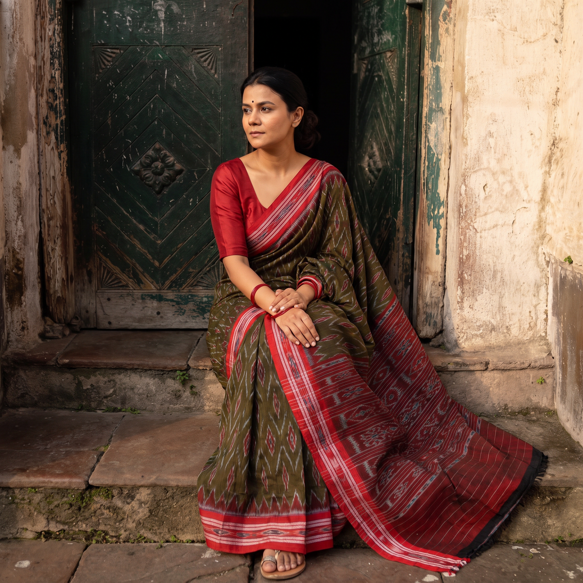 Green Ikat Handloom Cotton Sambalpuri Saree, draped and worn by a woman, AI visual of the saree, iTokri