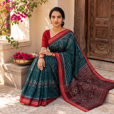Green Ikat Handloom Cotton Sambalpuri Saree, draped and worn by a woman, AI visual of the saree, iTokri