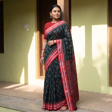 Green Ikat Handloom Cotton Sambalpuri Saree, draped and worn by a woman, AI visual of the saree, iTokri