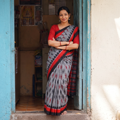 Grey Ikat Handloom Cotton Sambalpuri Saree, draped and worn by a woman, AI visual of the saree, iTokri