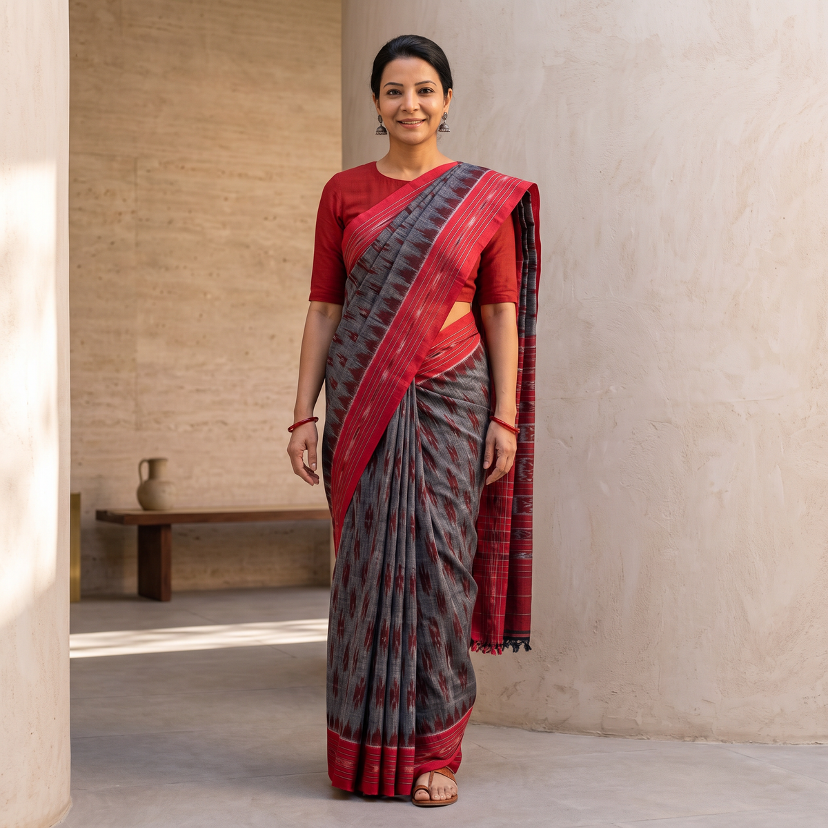 Grey Ikat Handloom Cotton Sambalpuri Saree, draped and worn by a woman, AI visual of the saree, iTokri