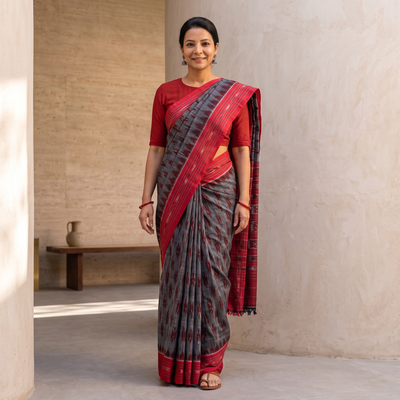 Grey Ikat Handloom Cotton Sambalpuri Saree, draped and worn by a woman, AI visual of the saree, iTokri