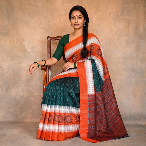 Multicolor Ikat Handloom Cotton Sambalpuri Saree, draped and worn by a woman, AI visual of the saree, iTokri
