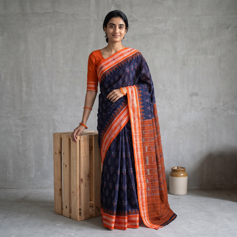 Blue Ikat Handloom Cotton Sambalpuri Saree, draped and worn by a woman, AI visual of the saree, iTokri